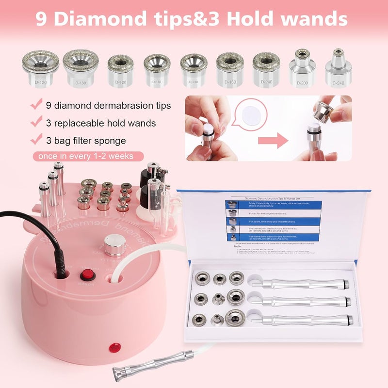 mcwdoit 3 in 1 Diamond Micro DermaBrasion Machine, Professional Dermabrasion Facial Skin Care Device with Wand, Spray Bottle and Vacuum Glass Tube for Personal Home Beauty Salon Use-Pink - Image 2